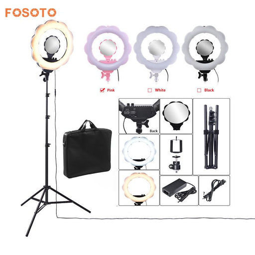 fosoto 18" 3000K-6000K 384 Leds Photographic Lighting Dimmable Camera Photo Video Phone Ring Light Lamp&Tripod Stand Mirror bag